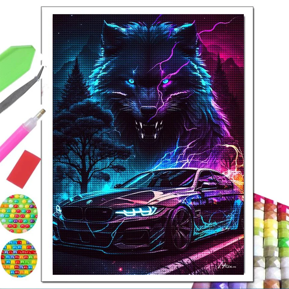 Neon Speed Panther และรถเพชรจิตรกรรมชุด 5D DIY เต็มเจาะข้ามตะเข็บ Mosaic สัตว์ Handmade ของขวัญ 2023 New Home Decor