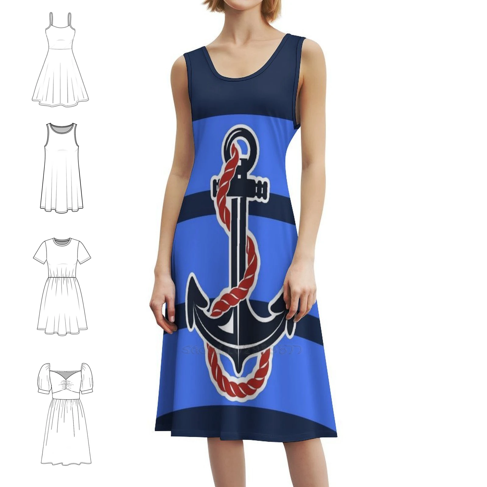 فستان بوهيمي بدون أكمام بخطوط زرقاء كحلي للنساء مطبوع عليه فساتين حفلات الشاطئ الاستوائية الزرقاء الداكنية هاواي