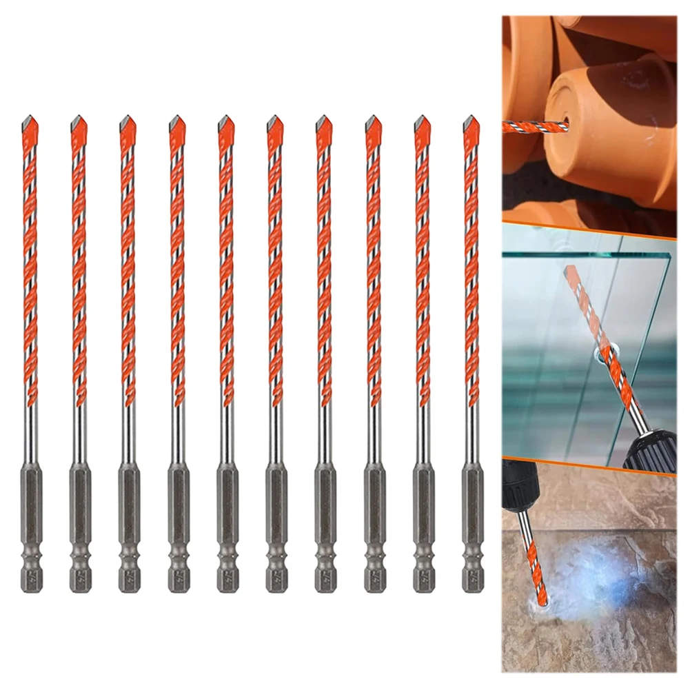 Conjunto de brocas de alvenaria de carboneto de 4 mm, 10 peças com haste sextavada de 1/4 \\\'\\\' para tijolo de concreto para perfuração de vidro e telha