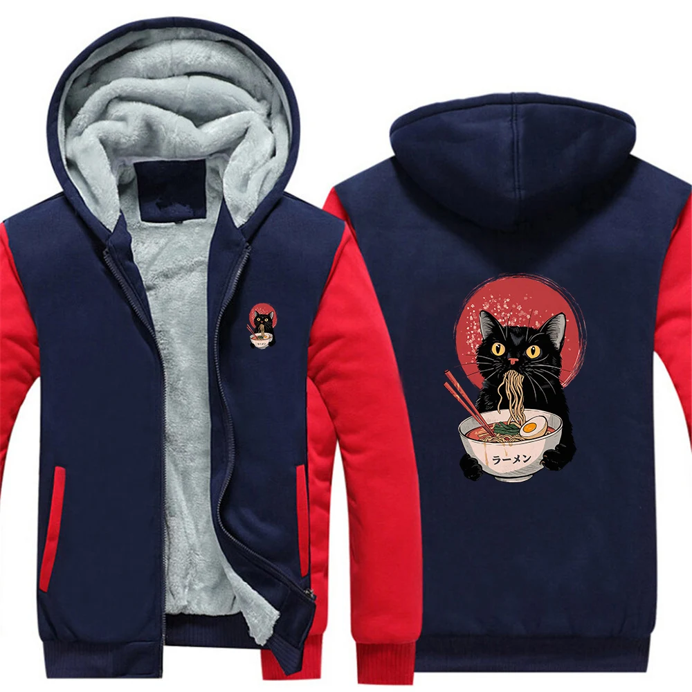 2025 Men's Thicken Autumn Winter Warm Sweatshirt Jackets Noodle Ramen Cat Fleece Long Sleeve Casual Streetwear Coat