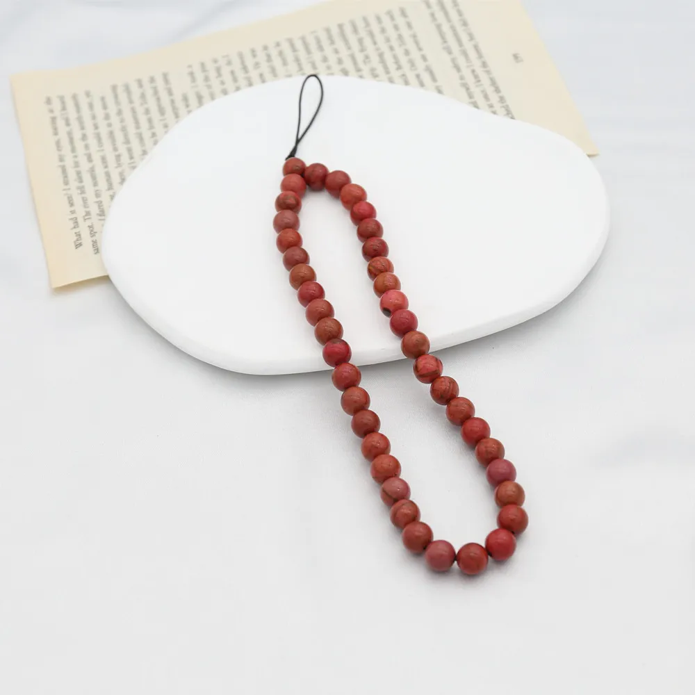 8MM Red Stone Mobile Phone Chains for Women Men Beaded Lanyard Hanging Cord Telephone Strap Anti Lost