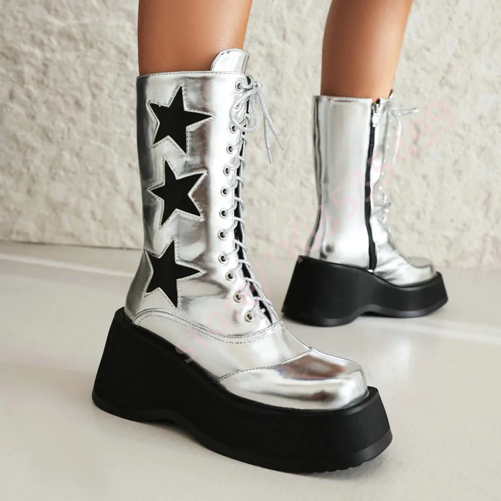 Platform Punk Five-Pointed Galaxy Knight Boots 2025 Round Wedge Heel Casual Boot Street Fashion Women's Black/silver Ankle Boots