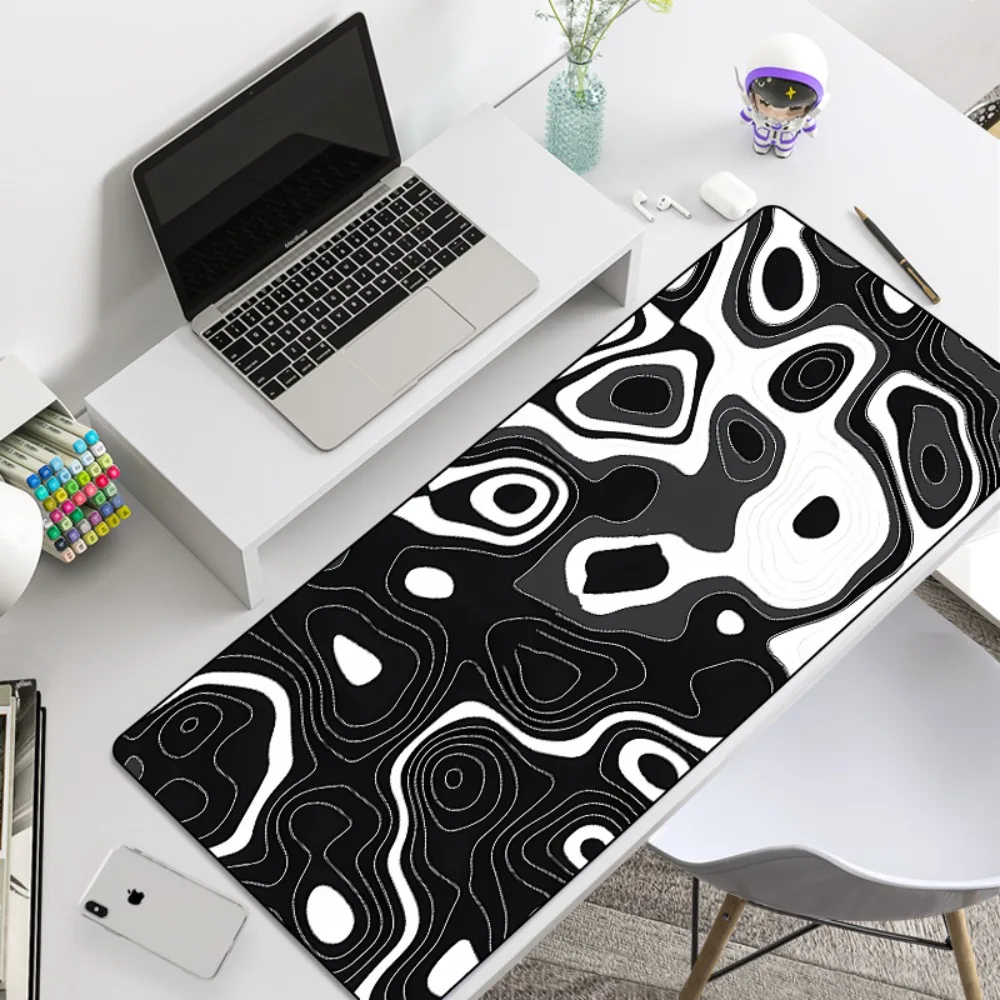 Black White Abstract Contour Pattern Printed DeskPad Extra Large Soft Rubber MousePad Modern Minimalist  Mat Multi-Size Desk Mat
