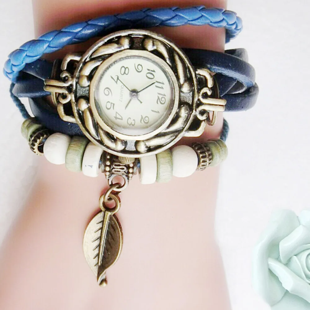

Women'S Elegant Vintage Leather Wrapped Bracelet Watch Leaf Pendant Bracelet Watch Women'S Fashion Watch Reloj De Mujer