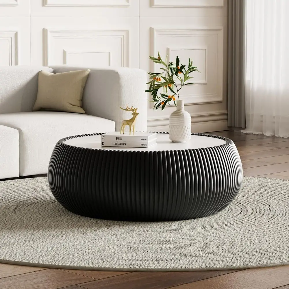 

Round Coffee Table with Sintered Stone Top and PU Leather Base, Modern Cocktail Table for Living Room