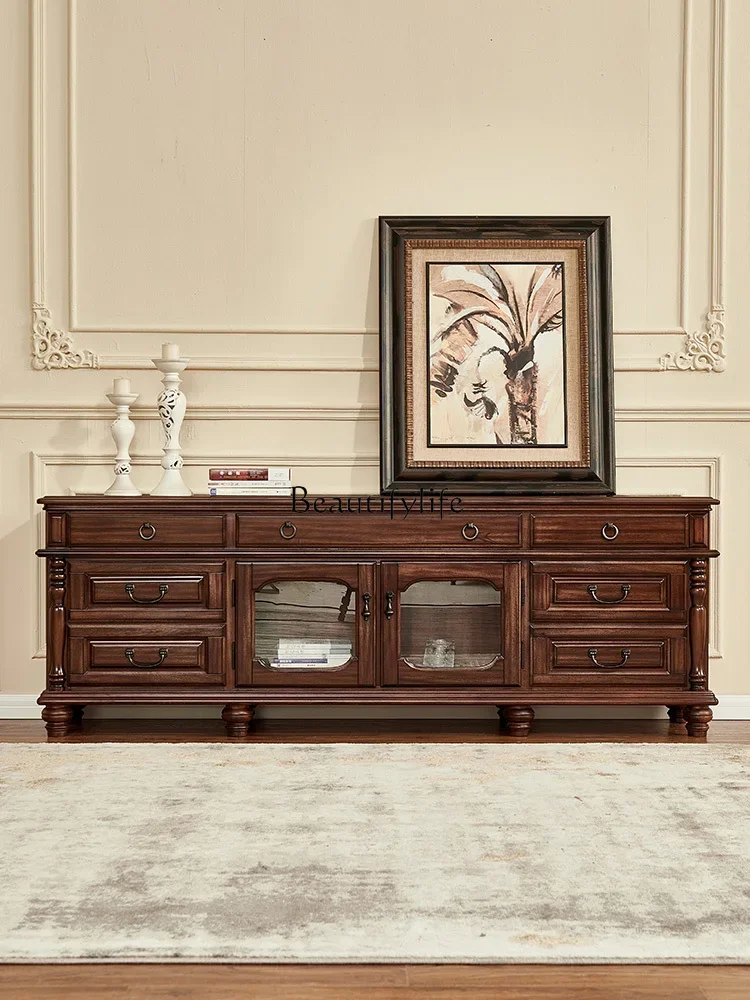 

yj19 Solid Wood TV Cabinet Black Walnut American Country Style TV Cabinet All Solid Wood