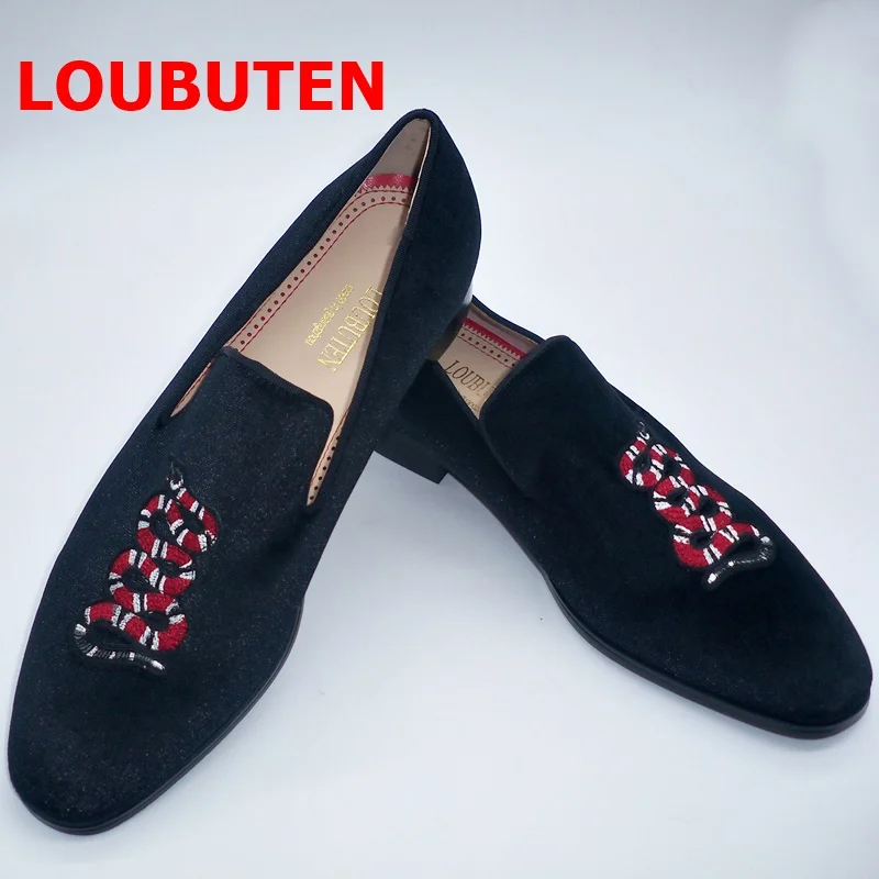 Black Men Velvet Loafers Smoking Slippers Embroidery Snake Men\'s Flats Casual Shoes Party Wedding Dress Shoes