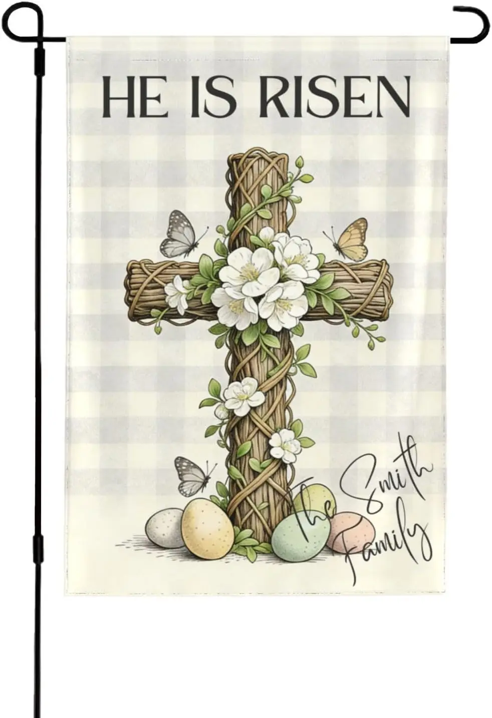Easter Cross He Is Risen Personalized Garden Flag, Custom Family Name & Established Date, Double-Sided Print, Religious  YYQ GGO