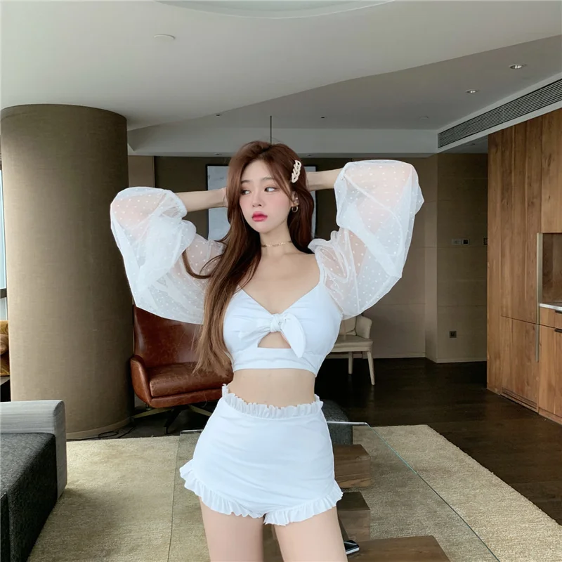 

Long Sleeve Dresses White Crochet High Split Dress V-neck Kintted Beltwaist Beachwear Knit Summer Holiday Bikini Cover Up 2023