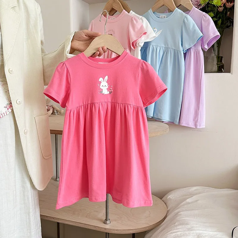 Mädchen Baumwoll-Midikleid Einfarbig Rosa Cartoon-Kaninchen Niedliches Kurzarm-Kleid Kinder Casual Alltagskleid