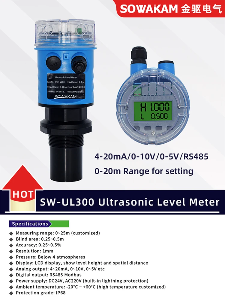 Ultrasonic Water Level Sensor Wireless Distance 0-25m Meter 4-20mA RS485 Output Ultrasonic Water Tank Level Meter