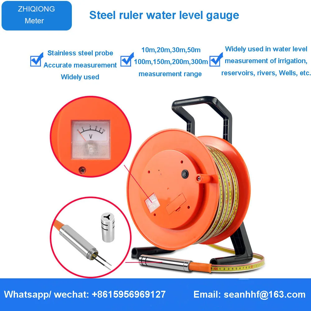 Deep Well Level Gauge Steel Ruler Type Borehole Water Level Dip Meter 10m 20m 30m Portable Submersible