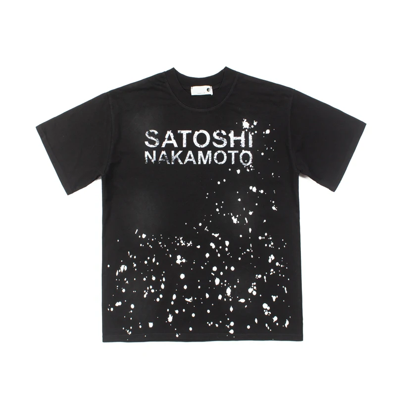 Splash-ink Classic Letter Print Satoshi Nakamoto T-shirt Short-sleeved Vintage Oversized Men's T Shirt Shorts Summer Trend Style