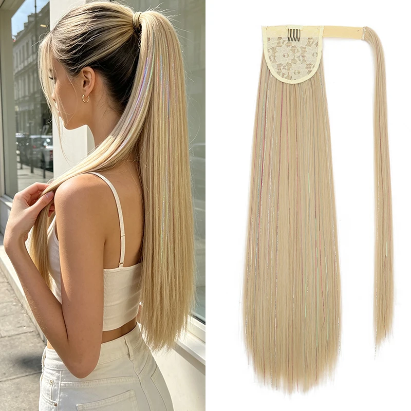 24Inch Long Straight Synthetic Ponytail Shiny Laser Wrapped Fashion Glitter Hairpiece for Women Daily Party Styling