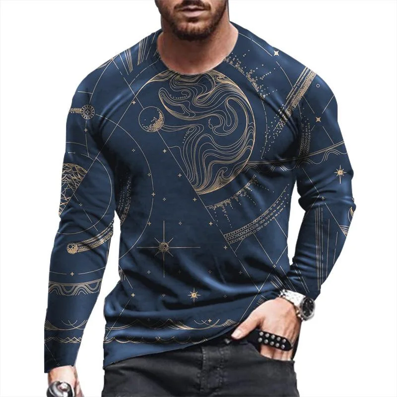

Fashion Abstract Art Lines 3D Printed Men's Long Sleeve T-shirt Sun And Moon Graphic Top Casual Loose Comfortable Tee Streetwear