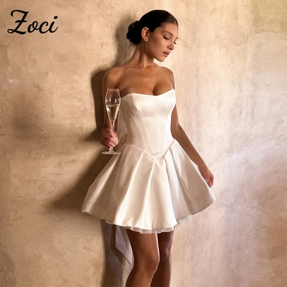 Zoci Elegant Strapless Short MIni Wedding Dresses Customized Draped Satin A Line Bride Dress Sleeveless Backless Bridal Gown