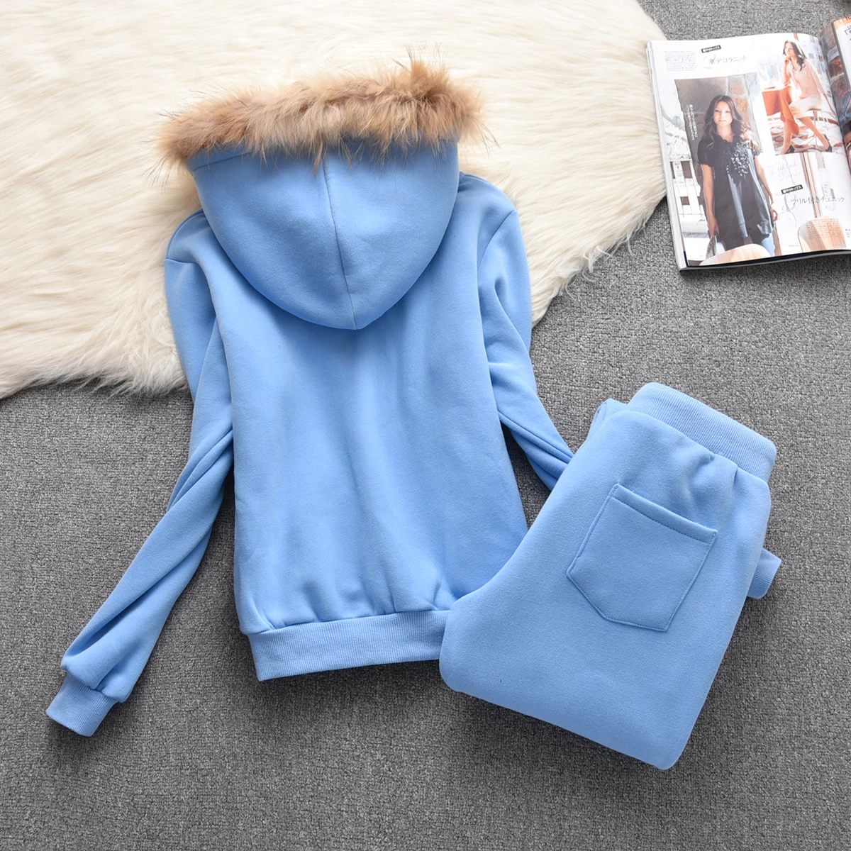 Juicy Coconut Brand Women Sporting Suits Velvet Spring Winter Thickened Casual Womens Tracksuits Hooded Collar Sportswear suit