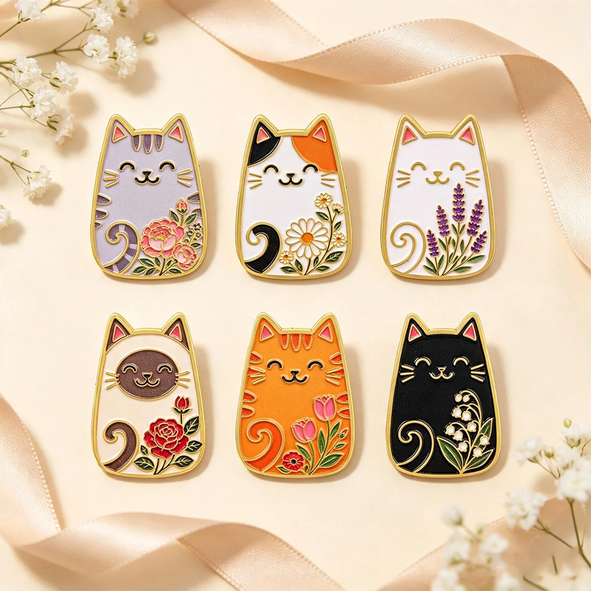 6pcs Happy Cat Enamel Pin Set Cartoon Flower Kitty Brooches Woman Men Backpack Accessories Bags Badge Lapel Jewelry Friends Gift