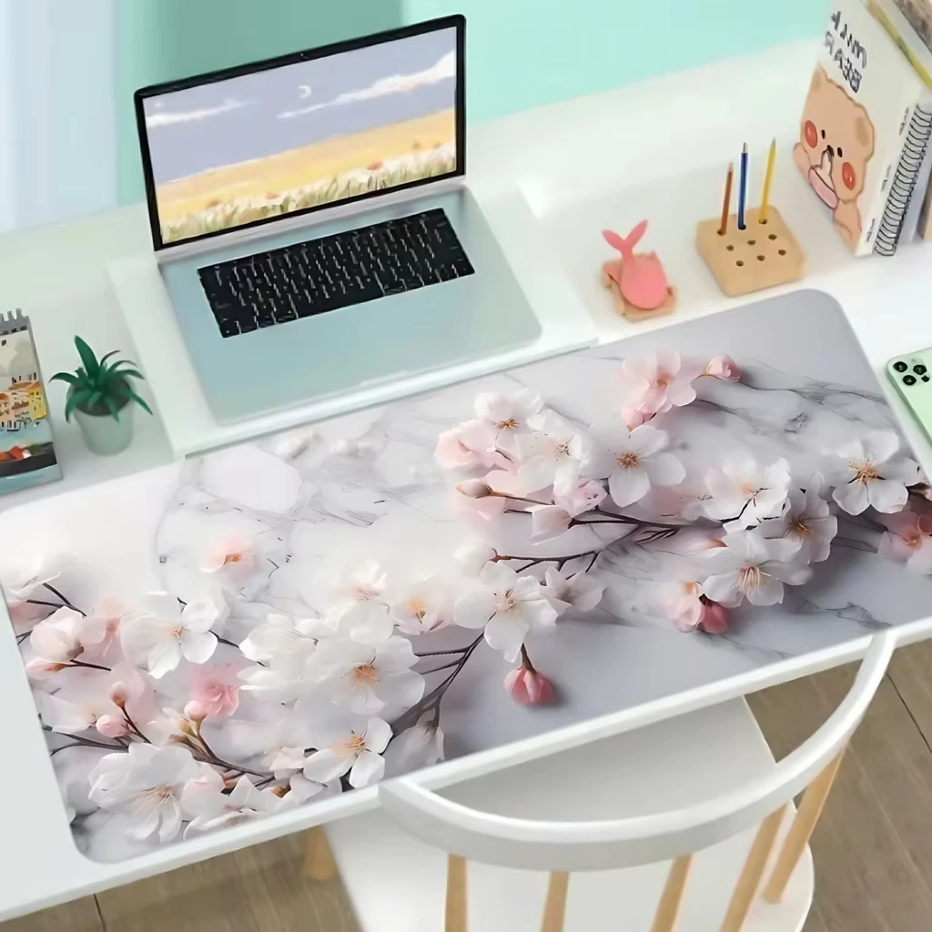 Elegant Pink White Sakura Soft Gaming Mouse Pad Large Keyboard Pad Topographic Mouse Pad for Keyboard with Anti-Slip Table Mat