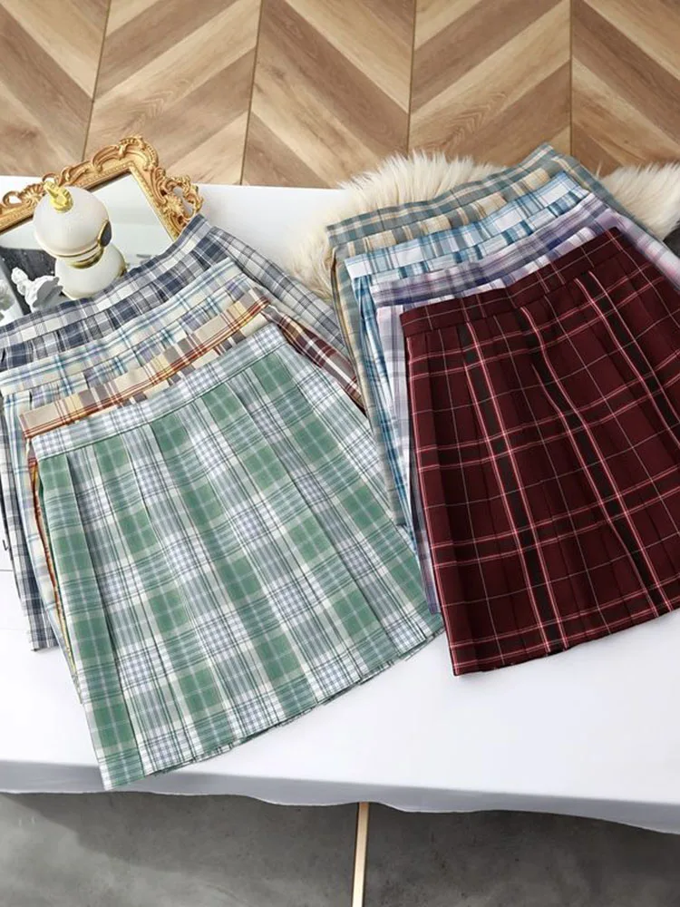 JMPRS Plaid Women Pleated Skirt Summer JK Girls Plaid Preppy Dance Mini Skirt A Line Harajuku Japan School Sexy Mujer Faldas