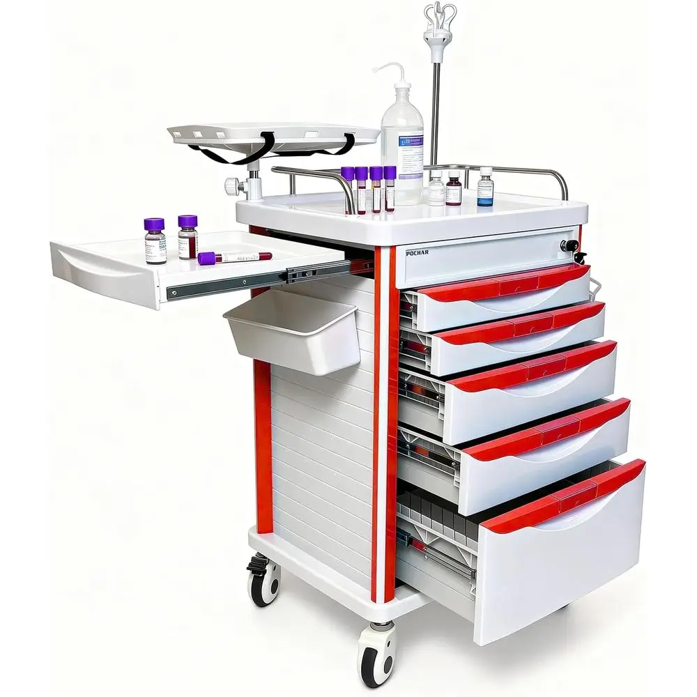 

Тележка скорой помощи с кардиологическим оборудованием, стойкой для внутривенных вливаний, держателем для кислорода, розеткой, контейнером для отходов и ящиками для медицинских учреждений