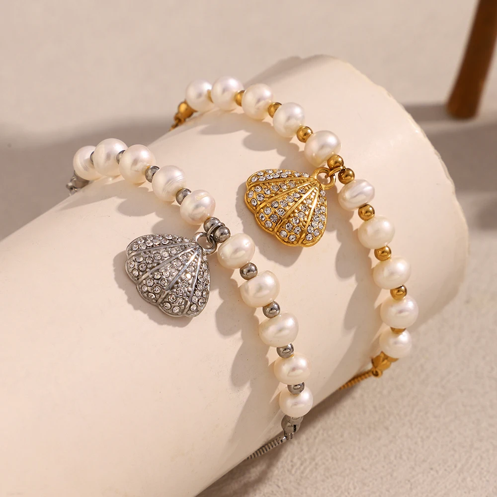 

E.B.belle High Quality Luxury 18K Gold Plated Pearl Shell Adjustable Bracelet Stainless Steel Waterproof Party Holiday Jewelry
