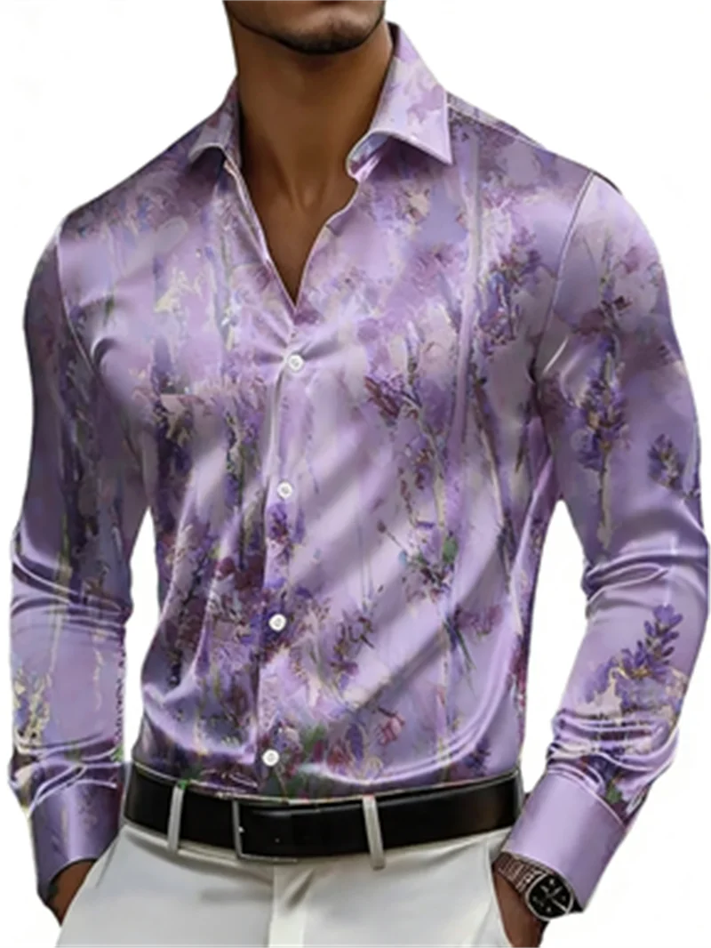 New men's long sleeved shirt with ink pattern 3D printing design, men's lapel button high-definition casual top