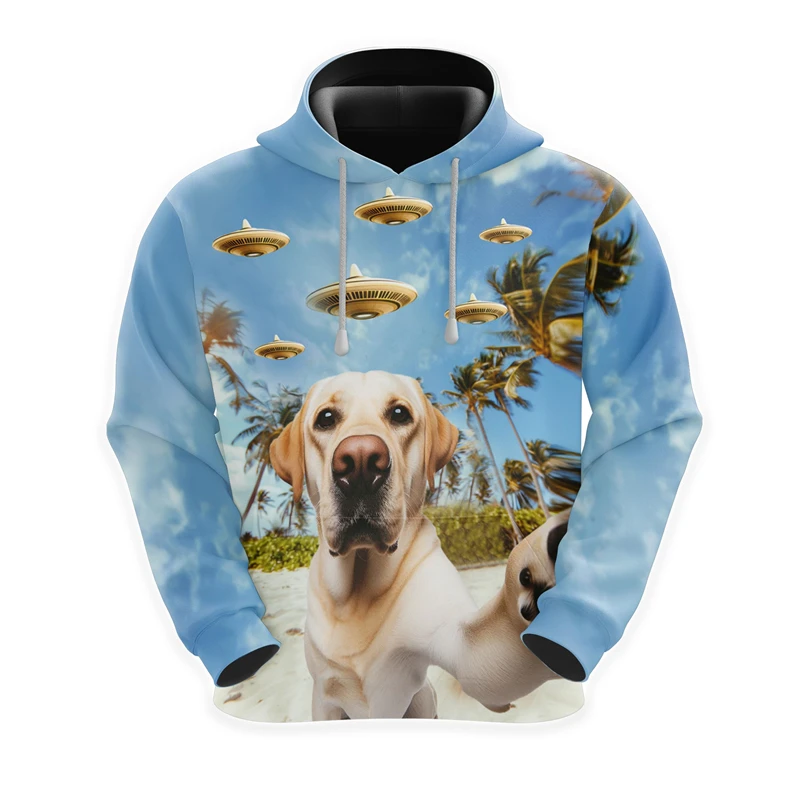 Hilarious Selfie Dog Graphic Sweatshirts UFO Invasion Beach Hoodies For Men Clothes Funny Pet Labrador French Bulldog Man Hoody