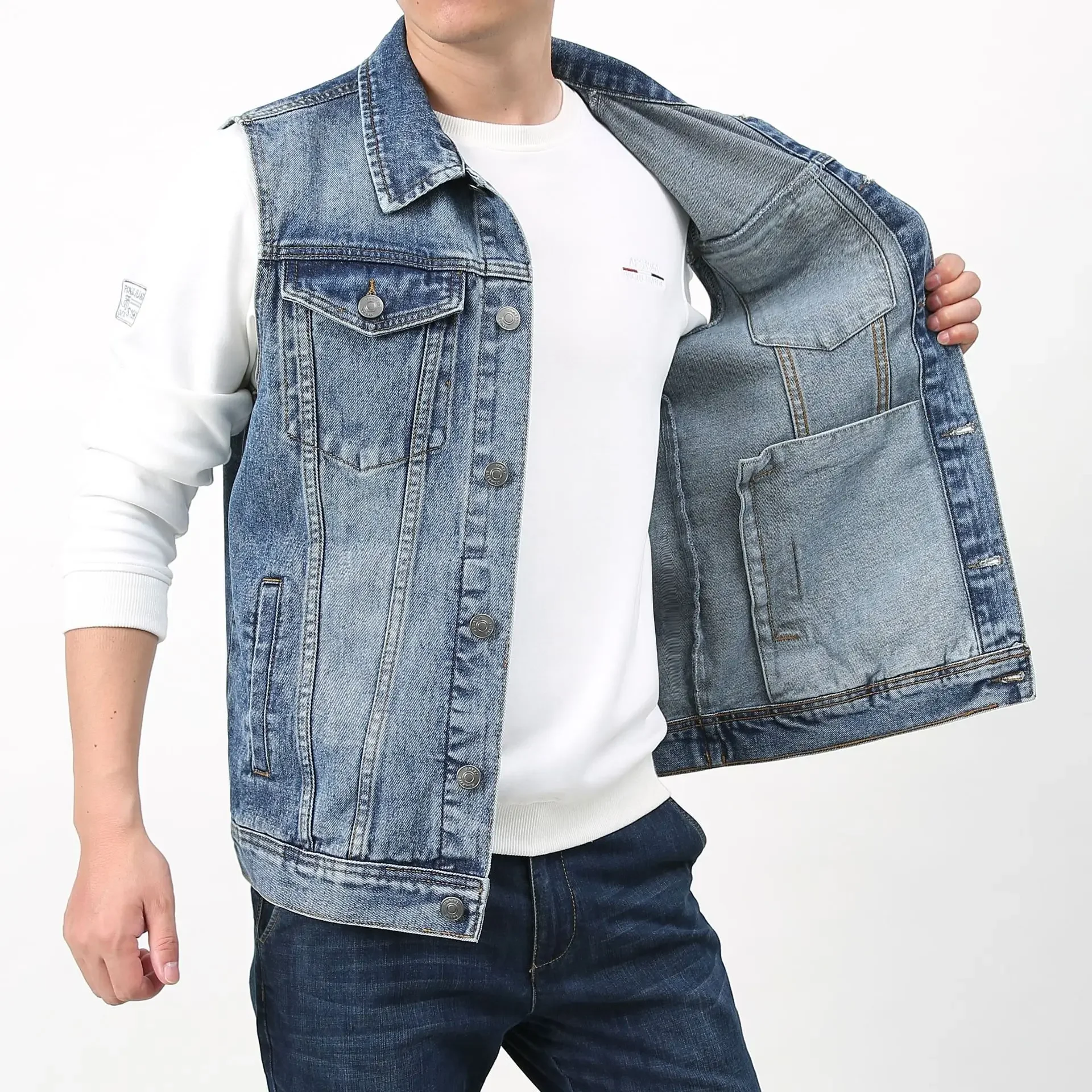 Chaleco de mezclilla para hombre, chaqueta sin mangas con múltiples bolsillos, lavada, a la moda