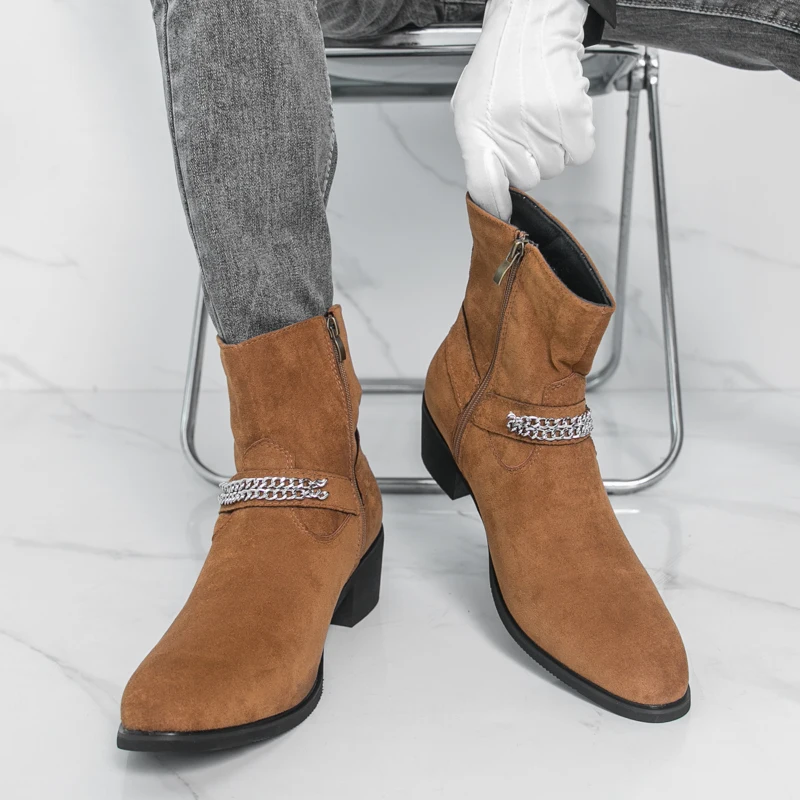 

Fashion Brand Mens Pointed Personality Outdoor Boots Autumn Men New Style Frosted Leather Comfortable Side Zipper High Top Boots