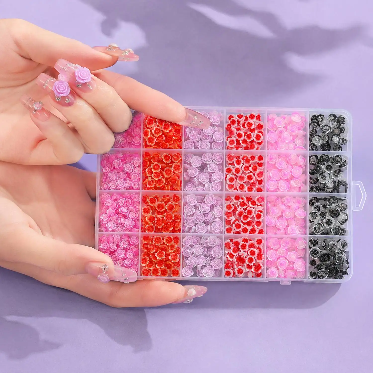 

24Grids/Box 3D Embossed Small Flower Nail Charms Soft Colors Small Flower Nail Decoration Romantic Style Small Flower Nail Parts