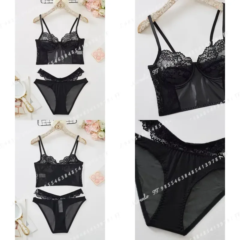 2Pcs Black Lace Bra Set French Style Women Breathable Mesh Underwear Elegant Ladies Ultra Thin Panties Set