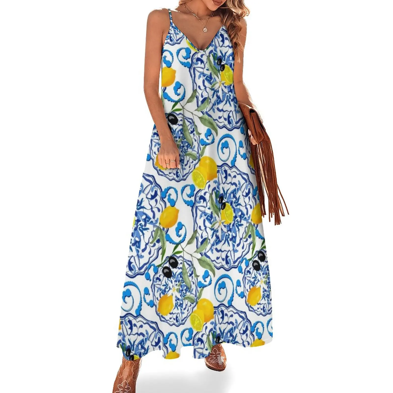 

New Summer,citrus,mosaic background ,Mediterranean style,lemon fruit pattern Sleeveless Dress party dress women elegant luxury