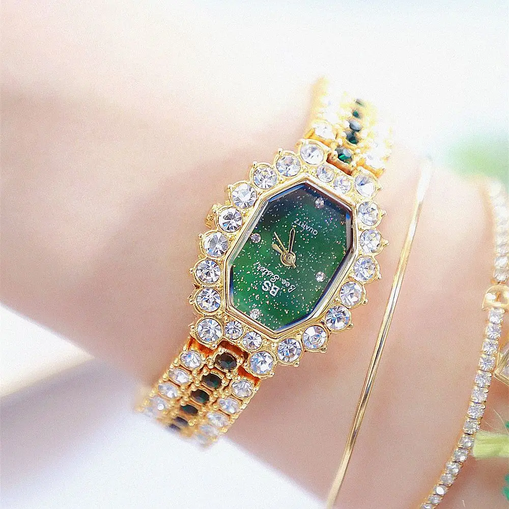 UTHAI Fashion Women Watch Brand Light Luxury Summer Green Sparkling Pink Full Diamond Rose Gold Waterproof Ladies Bracelet Watch