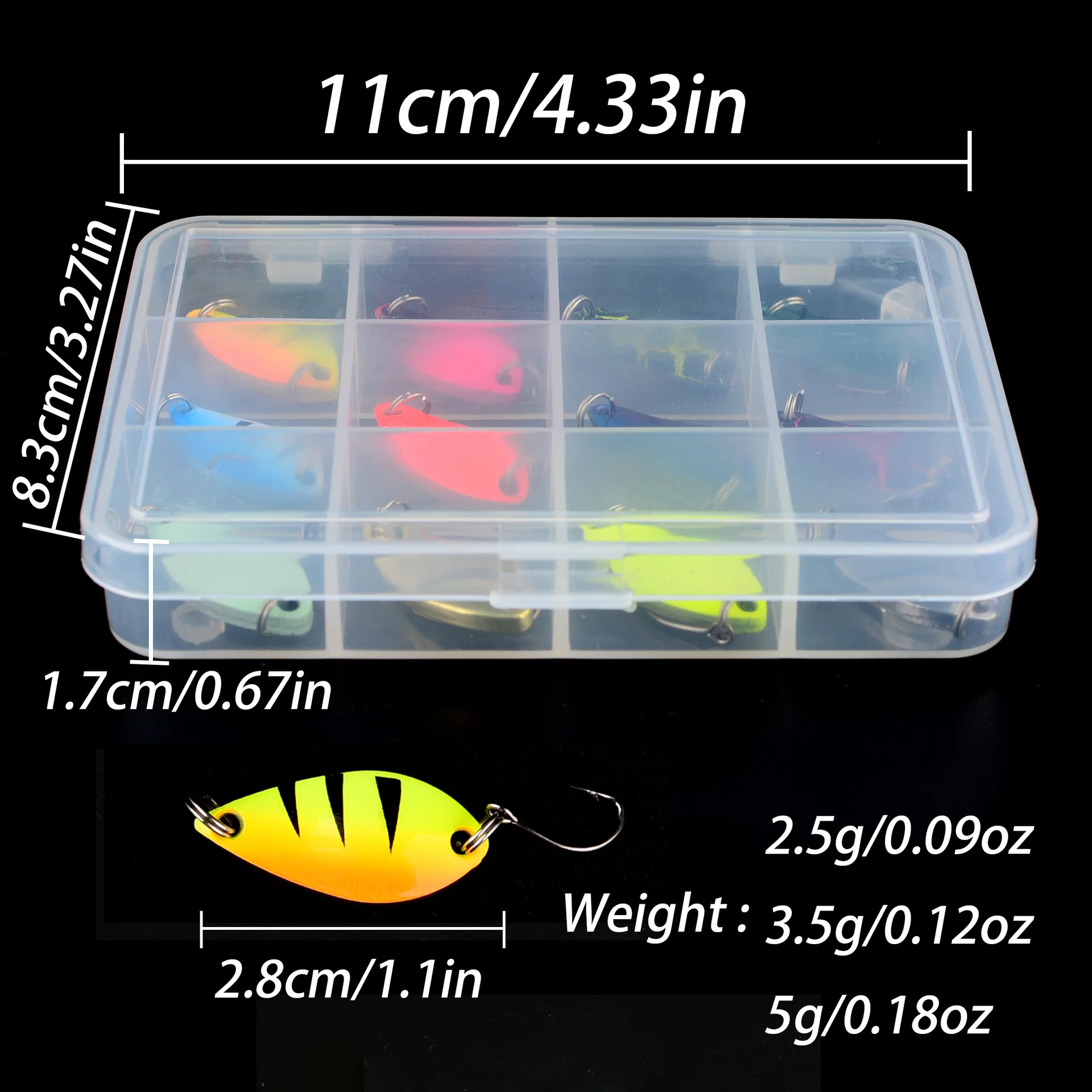 12-teiliges kleines Löffelköder-Set, 2,8 cm, für Panfish, 2,5 g, 3,5 g, 5 g, ultraleichtes Angelköder-Set, Metallklingenköder zum Gießen von Forellenbarsch