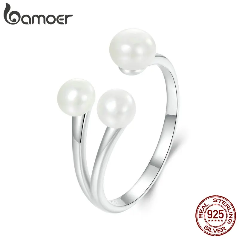 BAMOER 925 Sterling Silver Elegant Pearl Finger Ring, White Gold Plated Adjustable Chic Ring for Women Party Jewelry Gift