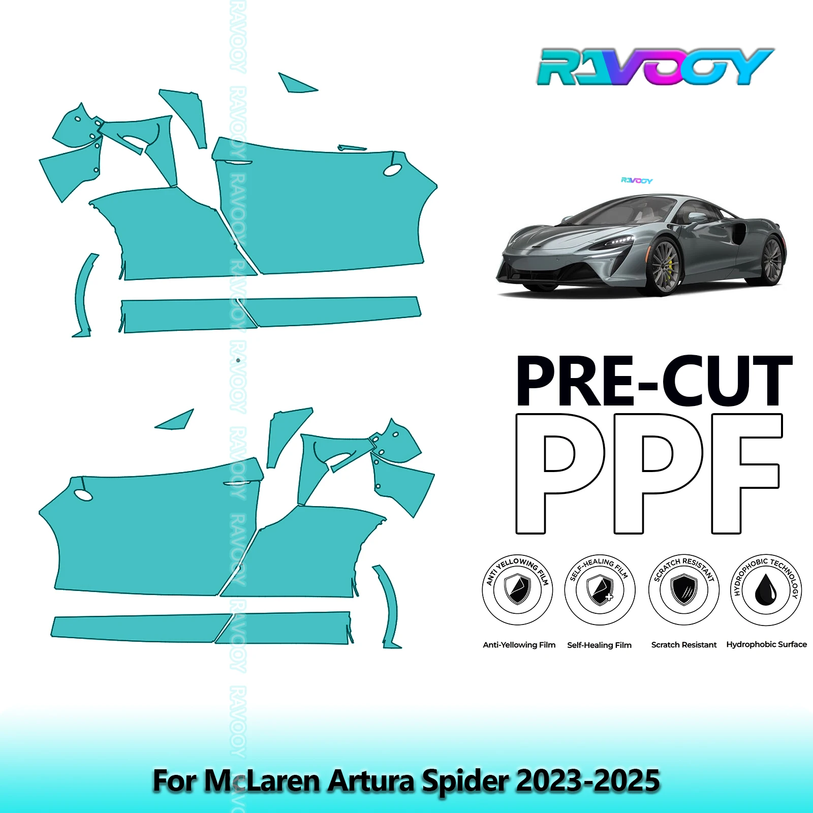 

For McLaren Artura Spider 2023-2025 8.5mil Clear Matte Pre-Cut PPF Door & A/B Pillar Kit TPU Paint Protection Film Set