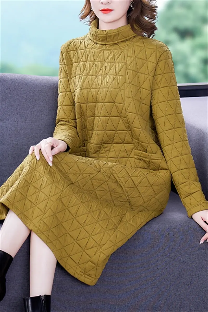 Rhombic Cotton Padded Dress Autumn And Winter Long Sleeve Large Size Medium Length Fashionable Bottomed Dress Quilted Tops T1386