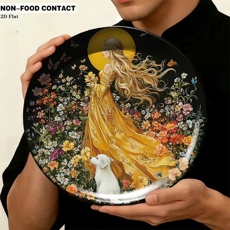 1pc Elegant Round Ceramic Decorative Plate with Golden Flower Maiden Art - Suitable for Wall & Table Decor, Non-Food Contact