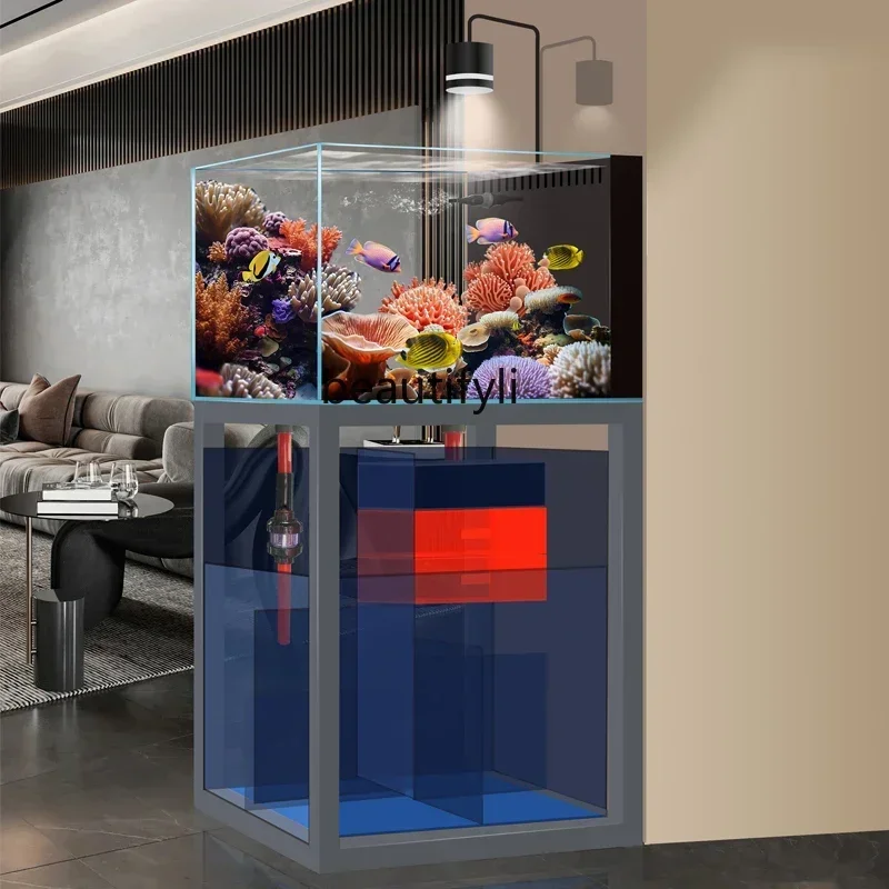 

smt7486 Sea Fish Tank Novice Small and Medium-Sized Household Ultra-White Glass Bottom Filter Sea Water Change Water Lazy Landsc