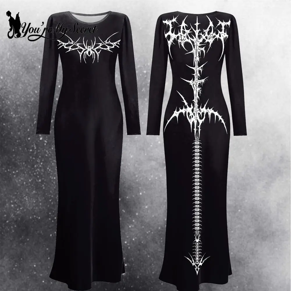 

[You're My Secret] Goth Punk Women Dress Halloween Witch Cosplay Costume Adult Long Sleeved Dress Girl Scar Print Fancy Clothing