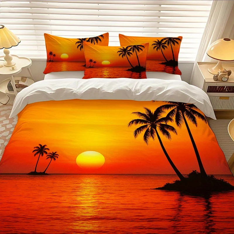 Tropical Beach Bedding set Palm Tree Sunset Print Duvet Cover Set Machine Washable Polyester for Christmas Valentine's Day