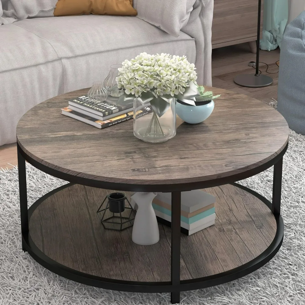 Modern design circular coffee table, 36 inch living room coffee table, 2-story rustic wooden tabletop