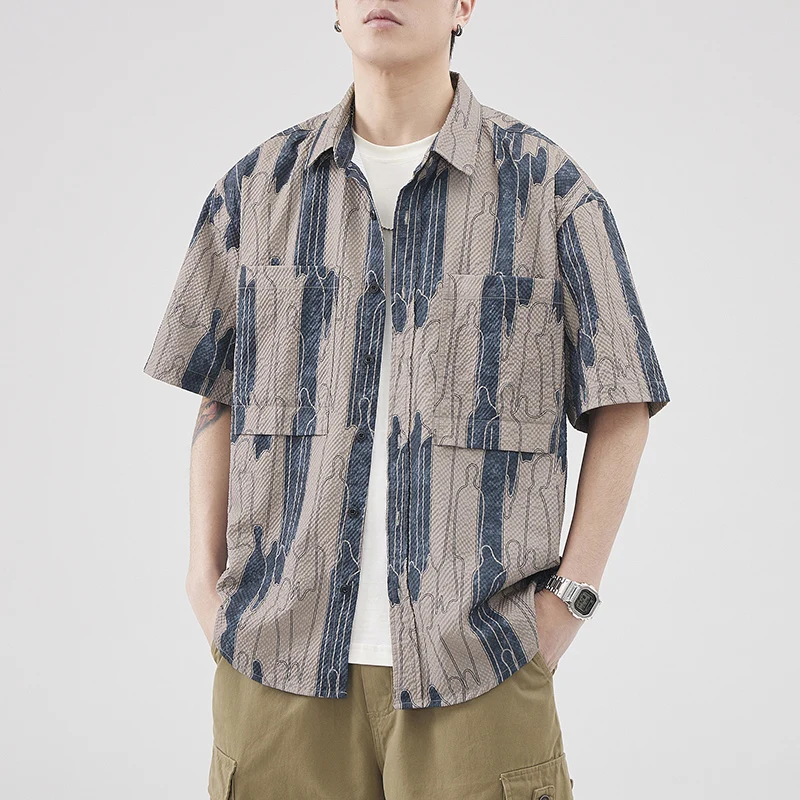 

Summer Men's Button Turn-down Collar Cardigan Printed Geometric Pockets Short Sleeve Shirt Coats Casual Vintage Vacation Tops