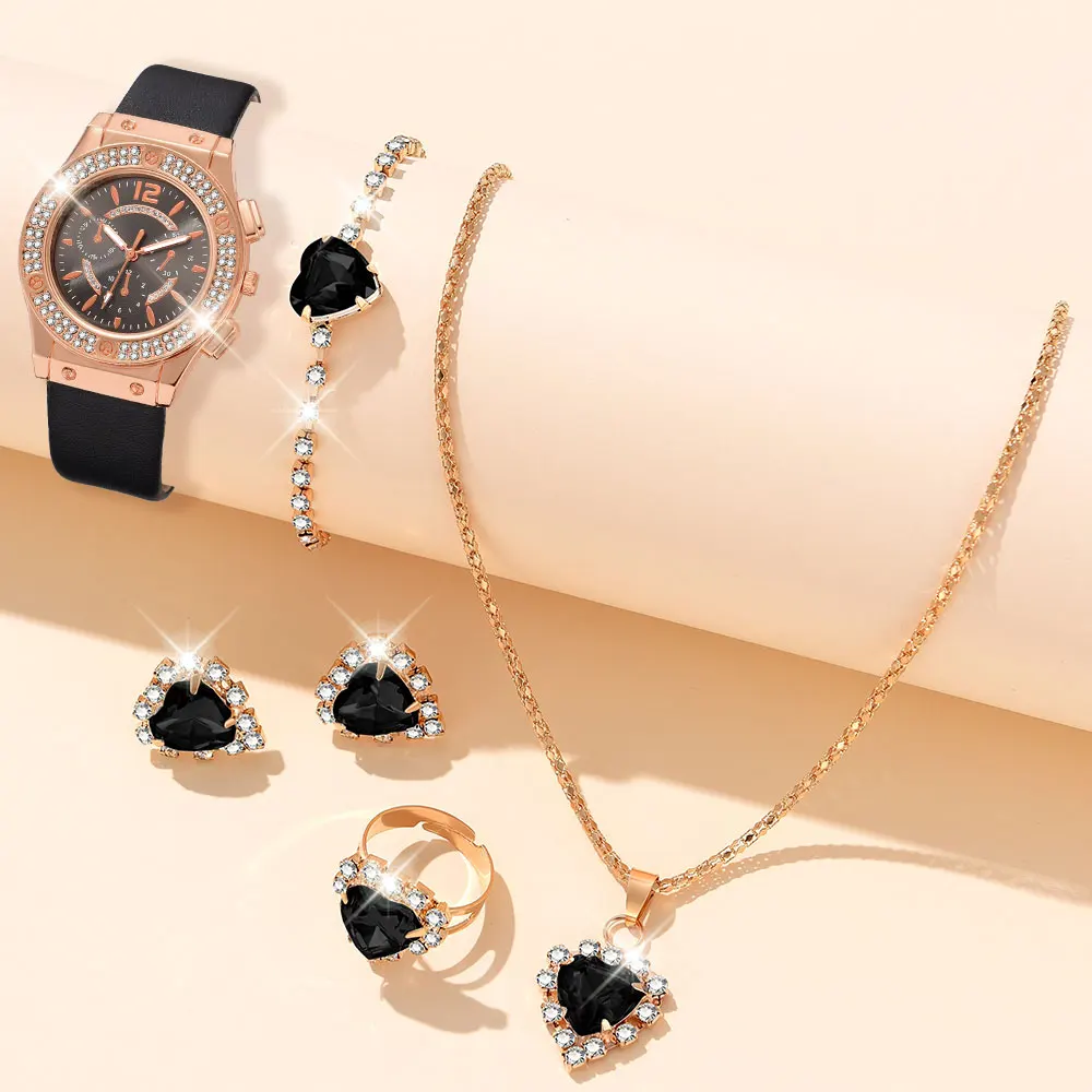 Black Women Watch 6PCS/Set Cute Heart Shaped Quartz Wristwatch Elegant Water Diamond Simulated Watch Jewelry Set Gift For Mom ﻿