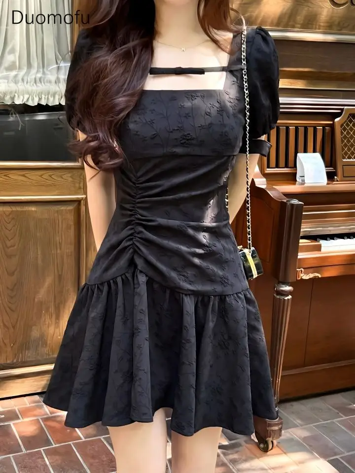 

Duomofu Summer New Slim Waist Black Simple Female Dresses French Style Fashion Sweet Solid Color Chic A-line Women Mini Dresses