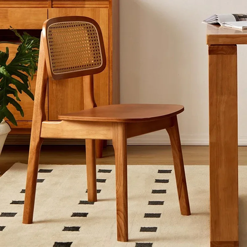 Solid Wood Dining Chairs For Home Dining Casual And Simple Commercial Use Retro Rattan Woven Backrest Stool