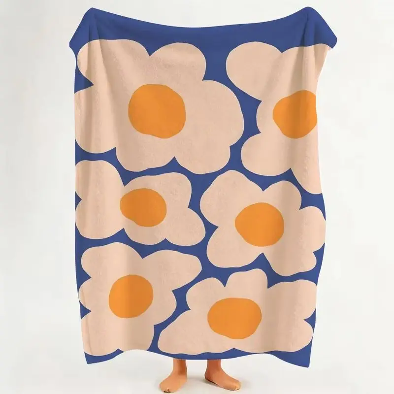 VIKAMA Navy Big Abstract Flower Flannel Throw Blanket Cream Orange Minimalist Nordic Bedroom Camping Decor Gift Cover