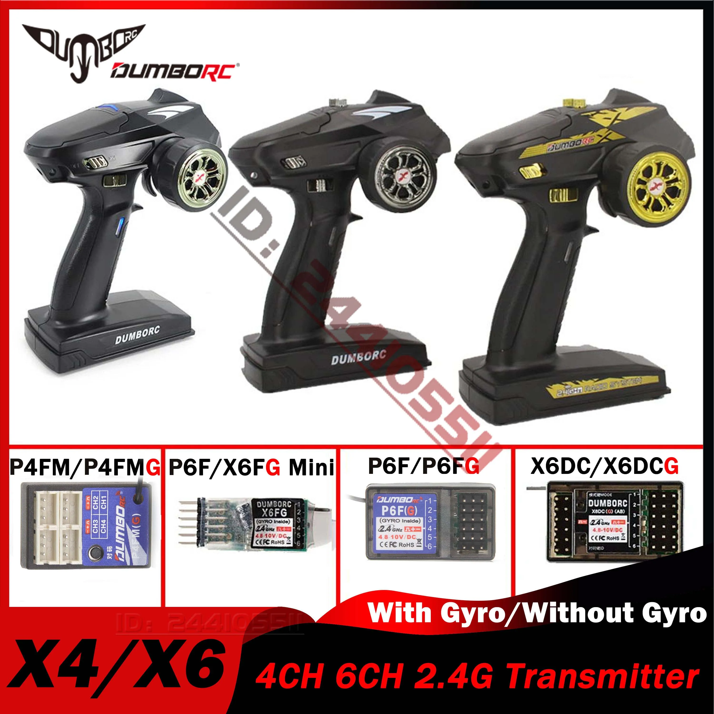 DUMBORC 4CH 6CH Transmitter X4 X6 2.4G Gyro Mini PWM Receiver P4FMG P6FG X6DCG for 1/10 1/8 RC Car Crawler Axial SCX10 D90 Boat