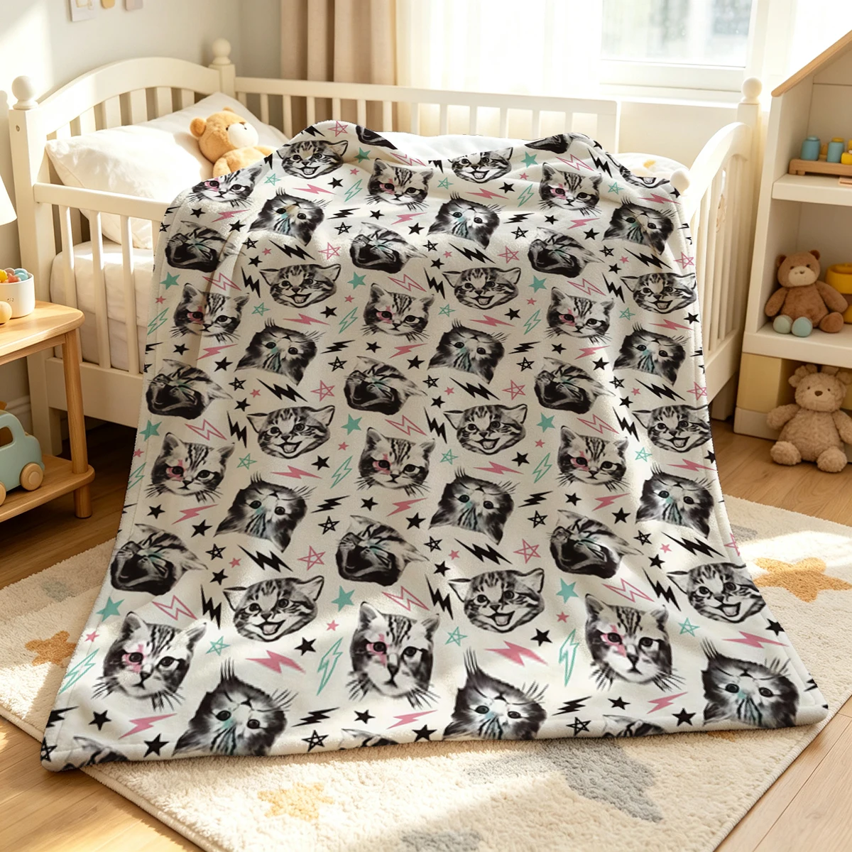 Rock Kitten Flannel Blanket Warm Soft Halloween Christmas Couch Warm Cozy Decorative Decor Gift for All Season